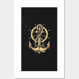 Ship Anchor and Steering Wheel drawn in Tattoo style. Posters and Art